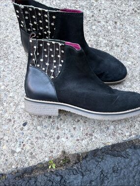 Black Suede Polka Dot Pattern Chelsea Ankle Boots